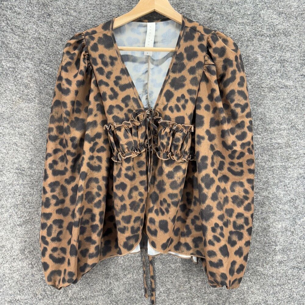 Missguided Blouse Women M Medium Brown Animal Print V-Neck Tasseled Long Sleeve